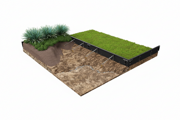Garden bed using zero flex black powdercoated steel panels with green grass and small plants on a white background.  Henderson Garden Supply